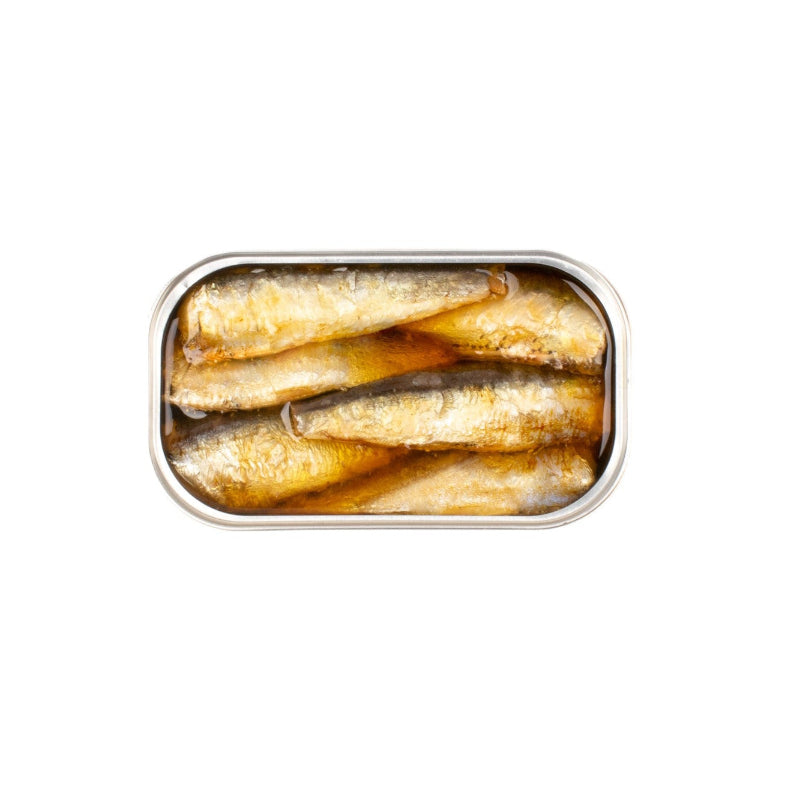 Małe sardynki w ekologicznej oliwie z oliwek extra virgin (BIO) | Maria Organic - puszka otwarta